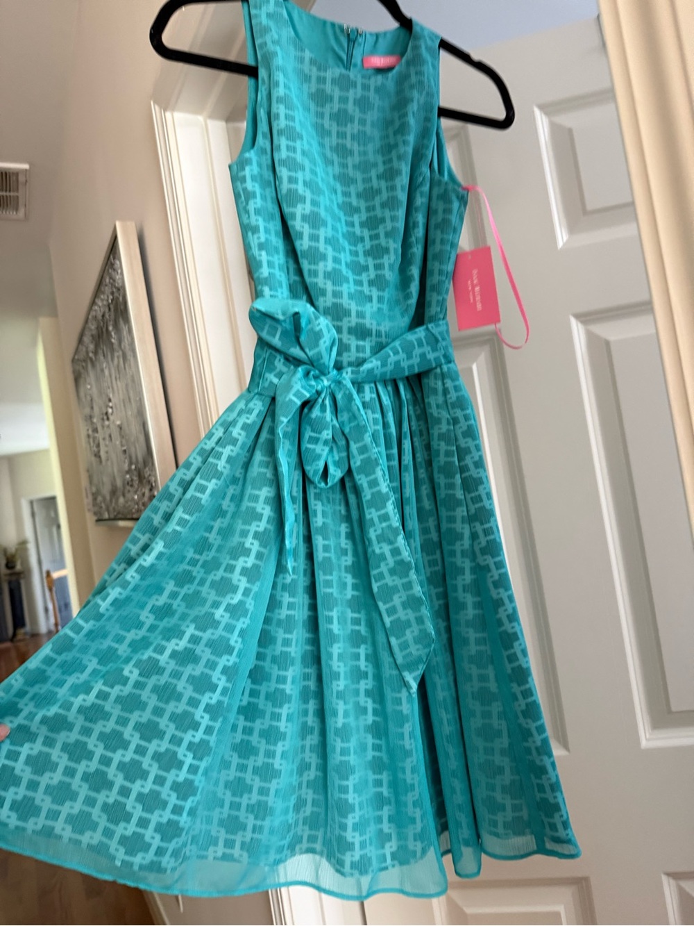 Isaac Mizrahi Aqua Patterned Fit-and-Flare Dress with Waist Tie Size 4 NWT